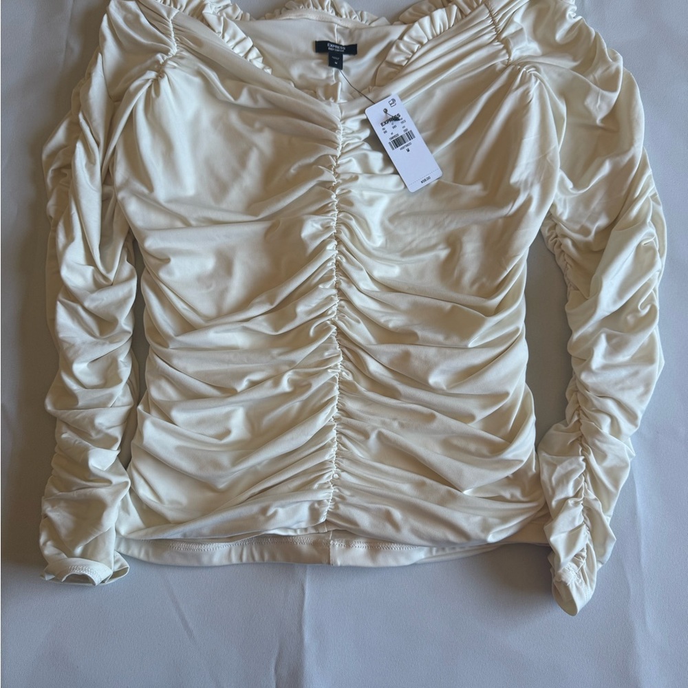 Express Cream Ruched Long Sleeve Blouse